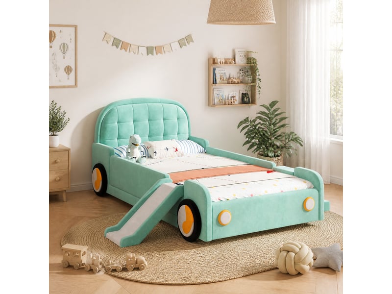  Lit enfant voiture avec toboggan et escalier, bleu-vert, 90 x 200 cm  - Conforama C