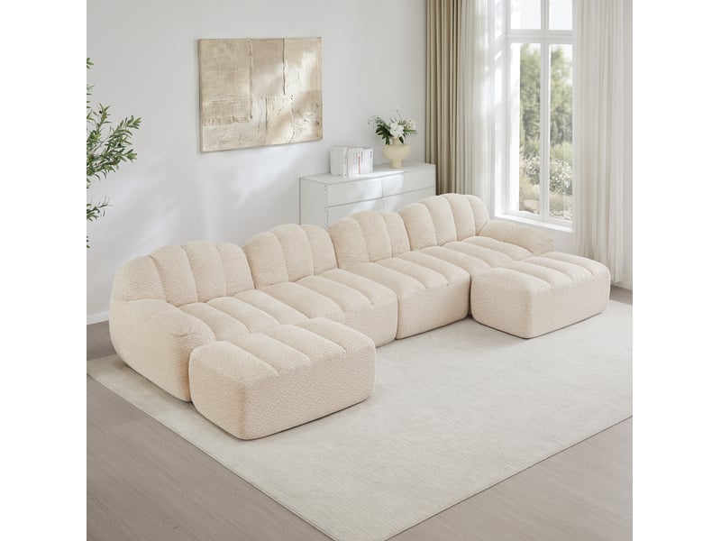 Canapé modulable 4 places en u avec 2 poufs beige blanc - 366 x 165 x 79 cm - Conforama B