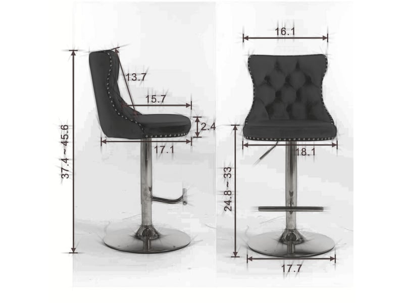  Tabouret de bar pivotant en velours gris, hauteur réglable, dossier capitonné, base dorée  - Conforama C