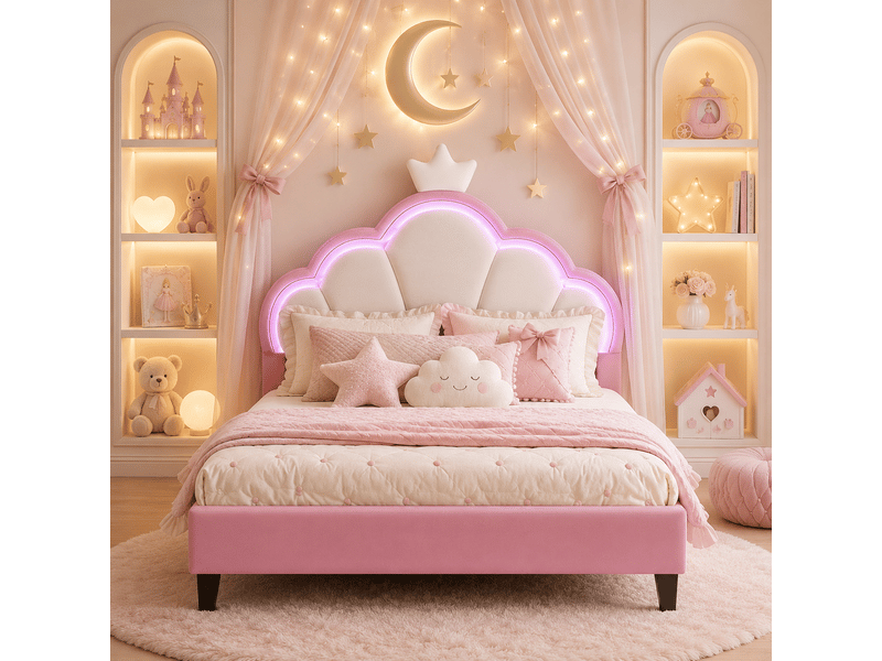 Lit capitonné 90 x 200 cm, lit enfant avec sommiers à lattes et dossier,cadre de lit pour fille, lit enfant 90x200 cm, lumière led, lit fille avec tête de lit réglable en hauteur, décor couronne, lit rembourré enfant, 1 person… - Conforama C