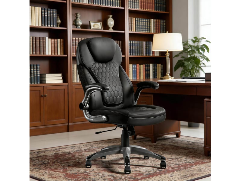  Fauteuil de bureau exécutif noir à dossier haut, basculant et réglable avec accoudoirs rabattables et roulettes  - Conforama B