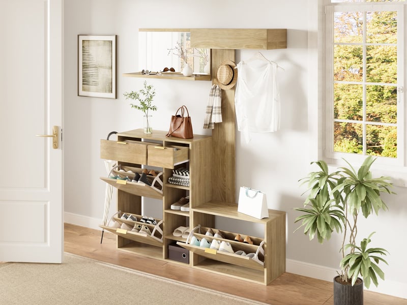  Meuble à chaussures, ensemble d’entrée 4 pièces avec armoire à chaussures, banc, miroir mural et panneau vestiaire, 130 x 30 x 174 cm, naturel  - Conforama B