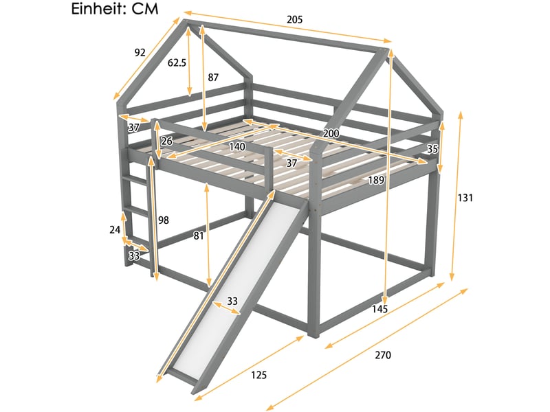 Lit superposé enfant 140x200 cm avec toboggan, échelle, gris et blanc - Conforama C
