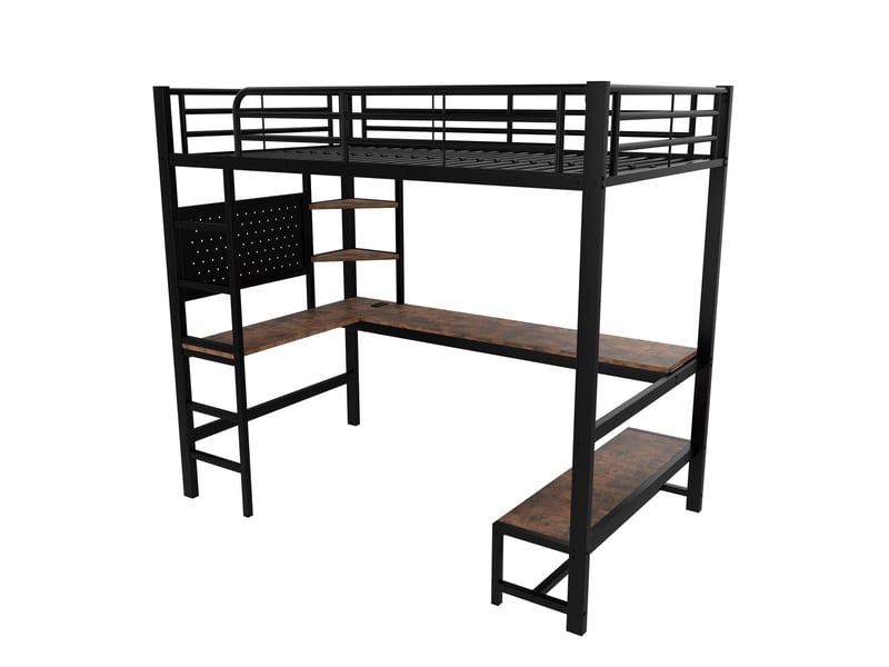  Lit mezzanine 90x200, structure métal robuste, bureau, garde-corps sécurisé, rangements, ports usb-c, éclairage led  - Conforama A