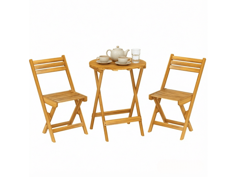 Ensemble détente extérieur avec 1 table et 2 chaises pliantes pour 2 personnes, en bois d'acacia naturel - Conforama A