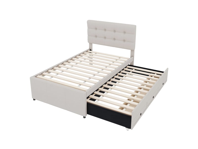 Lit gigogne beige 90x200/90x190 cm avec 3 tiroirs et tête de lit réglable - Conforama E