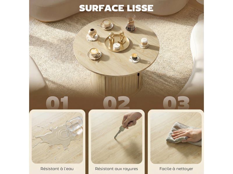  Table basse ronde, table de salon avec rangement, 2 étagères, porte coulissante à lattes, effet bois naturel  - Conforama R