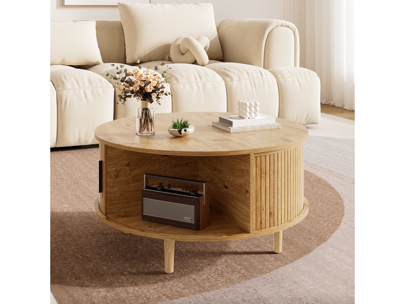  Table basse ronde 80x80x59cm, rangement et porte coulissante, en mdf, plateau réglable en hauteur, pour salon, chêne  - Conforama E
