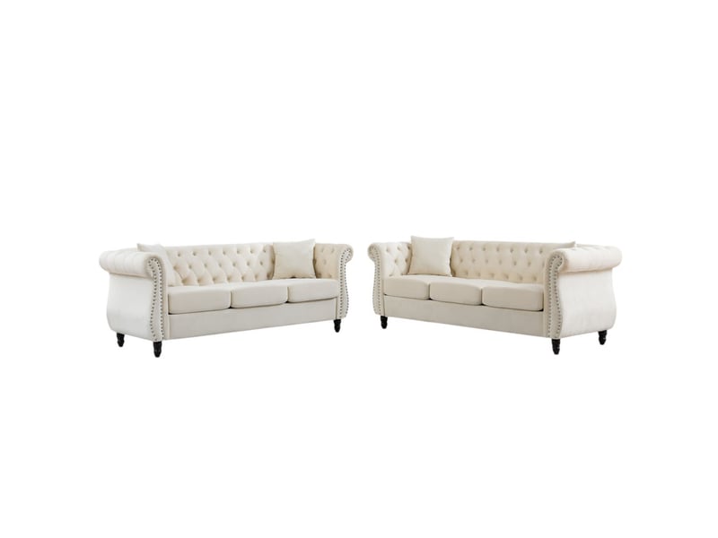  Canapé droit de style chesterfield en velours, pieds en bois d'hévéa en forme de bouteille, capitonnage à boutons, 6 places, 76 x 73,6 x 203 cm, beige  - Conforama A
