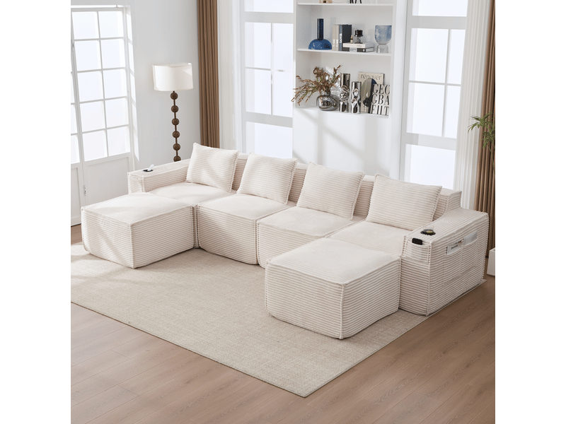 Canapé modulaire 4 places en velours côtelé beige avec 2 poufs, ressorts et mousse haute densité, rangement et porte-gobelets - Conforama D