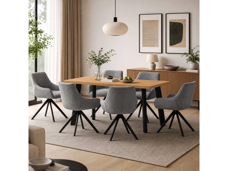 Ensemble table et 6 chaises - table rectangulaire 160x80 cm monobloc en chêne sauvage et pieds métal, 6 chaises en tissu gris pigeon et pieds métal - Conforama A