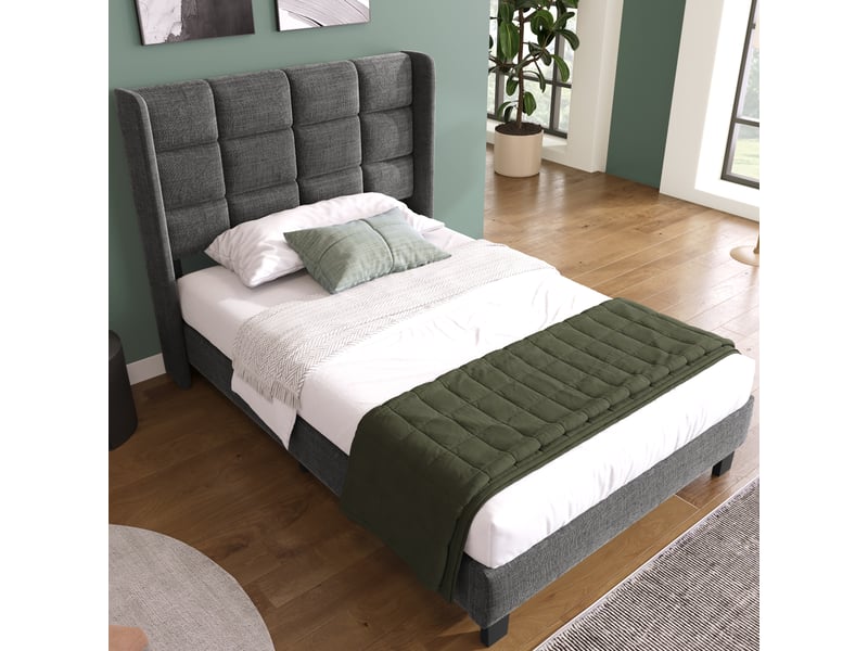  Lit simple 90x200 cm avec sommier à lattes, lit adulte avec tête de lit rembourrée, design moderne, lin, gris  - Conforama E