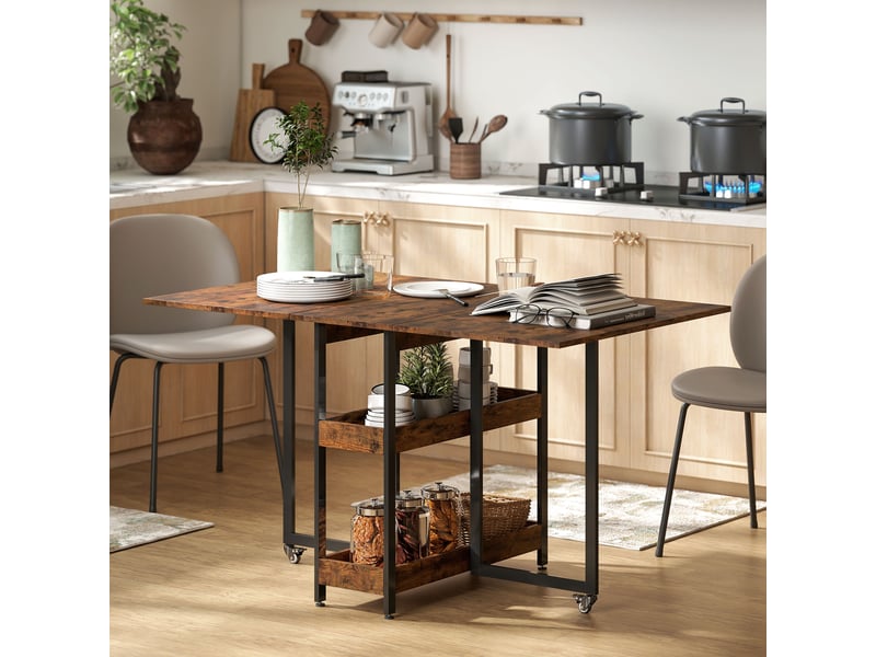  Table de salle à manger pliante de style industriel, pour 4 personnes maximum, étagères ouvertes, modulable, métal et panneaux de particules, marron  - Conforama C