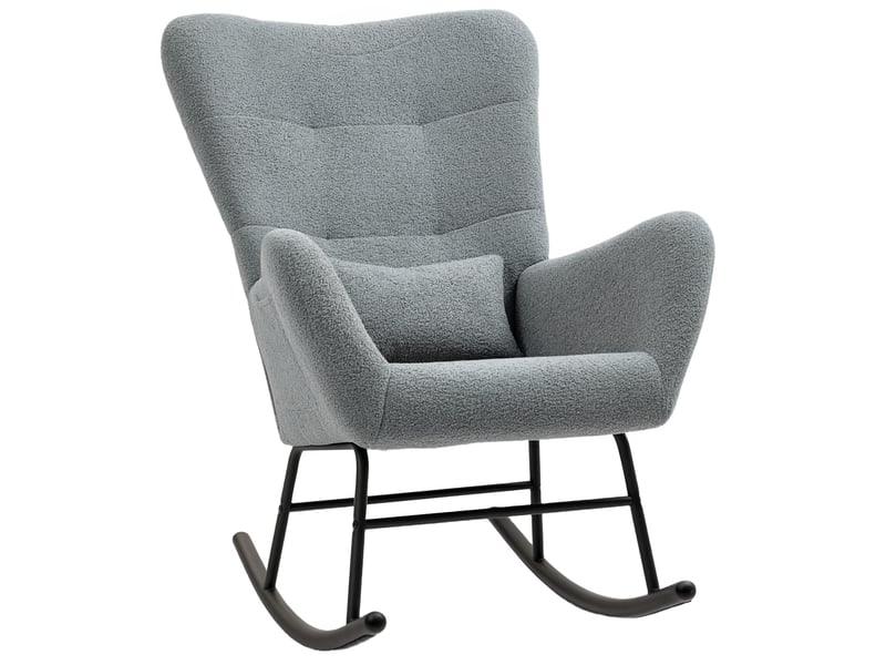  Fauteuil à bascule en tissu teddy avec accoudoirs, coussin lombaire et poche latérale, gris  - Conforama A