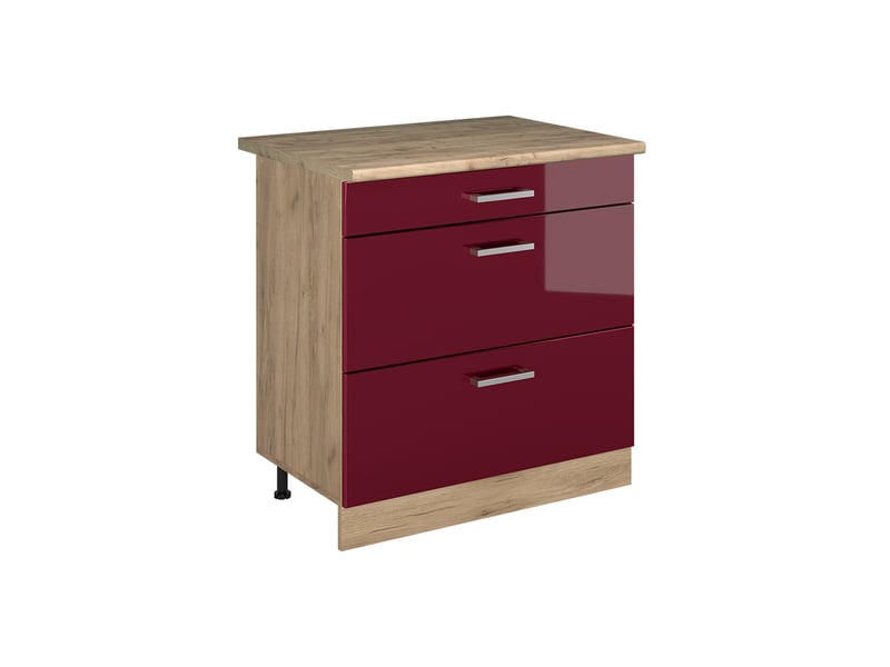  Vicco meuble cuisine, rouge brillantchêne doré, 80cm avec 3 tiroirs plan de travail chêne doré  - Conforama A
