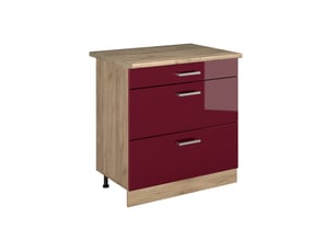 Vicco meuble cuisine, rouge brillantchêne doré, 80cm avec 3 tiroirs plan de travail chêne doré