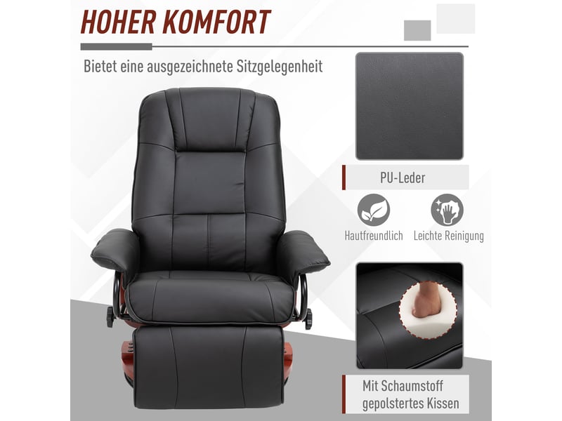  Fauteuil relax inclinable avec repose-pieds, fauteuil tv pivotant en simili cuir noir, base en bois pour salon  - Conforama E