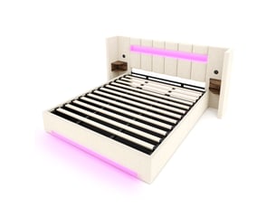 Lit coffre 180x200 cm, lit double, rangement hydraulique, armoire, led, port usb, velours beige