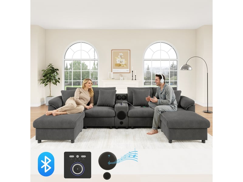  Canapé modulaire en u et l en velours côtelé avec haut-parleur bluetooth, charge sans fil, usb, rangement, gris  - Conforama B