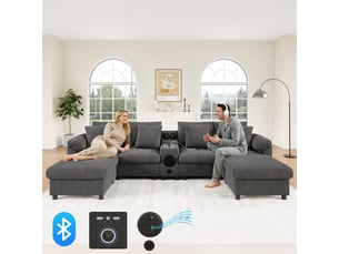 Canapé modulaire en u et l en velours côtelé avec haut-parleur bluetooth, charge sans fil, usb, rangement, gris