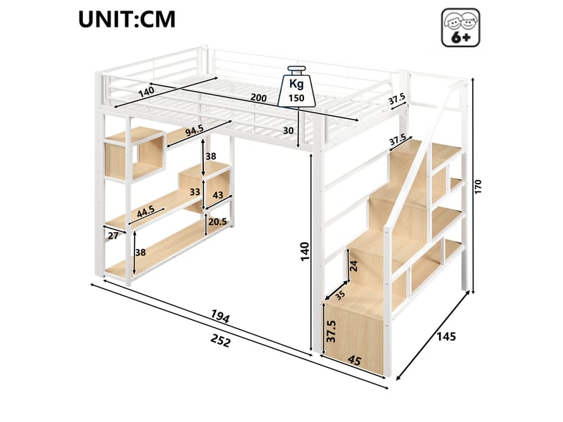  Lit mezzanine 140x200 cm, rangements, escalier, garde-corps, led, métal mdf, blanc, sans matelas  - Conforama C