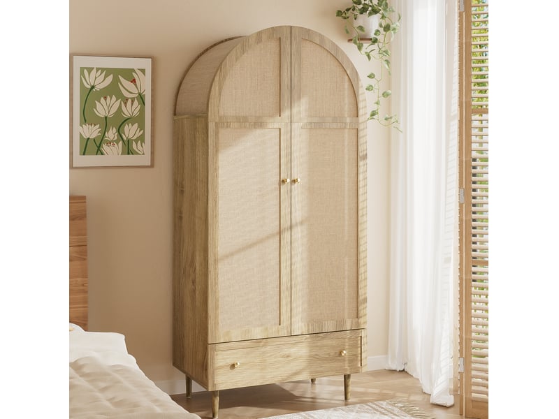  Armoire avec tringle et tiroirs, portes revêtues de tissu, style moderne, pour chambre, en mdf, chêne, 79 × 50 × 175 cm  - Conforama C