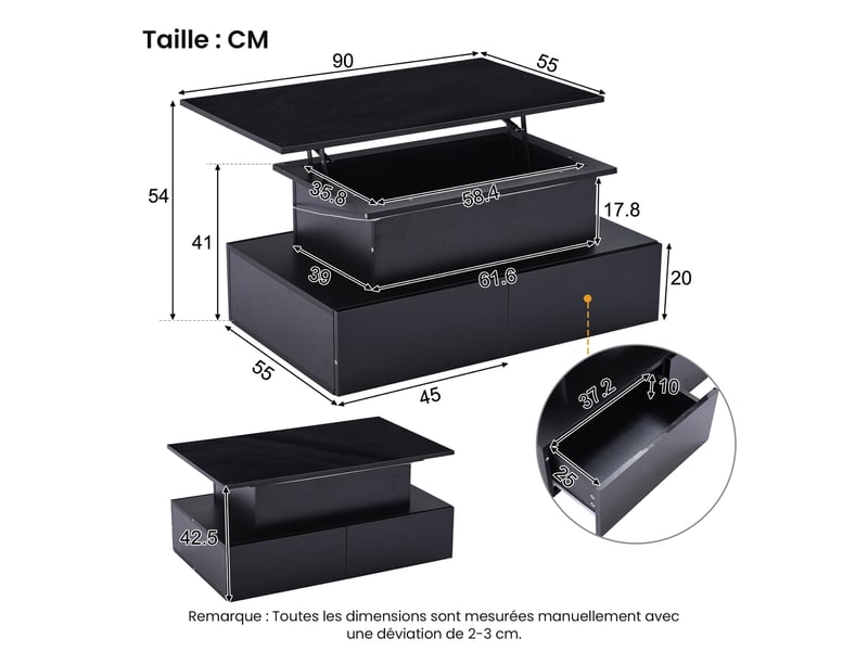  Table basse led noire brillante – 4 tiroirs et plateau relevable – 90 x 55 x 41 cm  - Conforama D