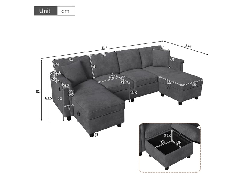  Canapé modulable gris en tissu chenille avec 2 poufs de rangement  - Conforama B