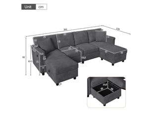 Canapé modulable gris en tissu chenille avec 2 poufs de rangement