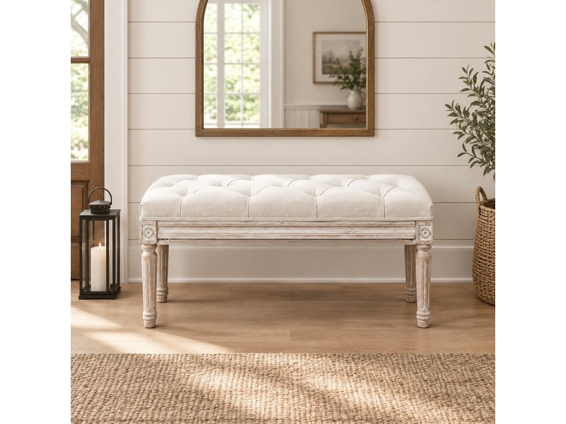  Banc rembourré modenvie style vintage français 80 x 40 x 43 cm polyester aspect lin blanc crème  - Conforama E