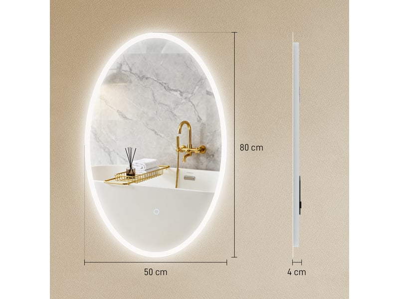 Miroir salle de bain avec éclairage 80 x 50 cm, miroir led ovale, anti-buée, 3 couleurs lumière, dimmable, transparent - Conforama E