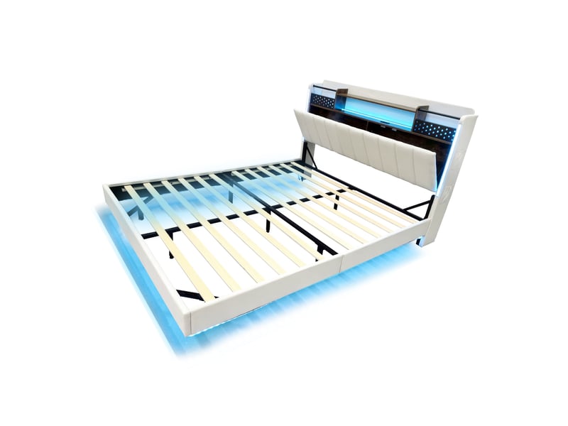  Lit double 160 × 200 cm en lin beige, tête de lit avec rangement, led, usb et effet flottant Fay Lum - Conforama D