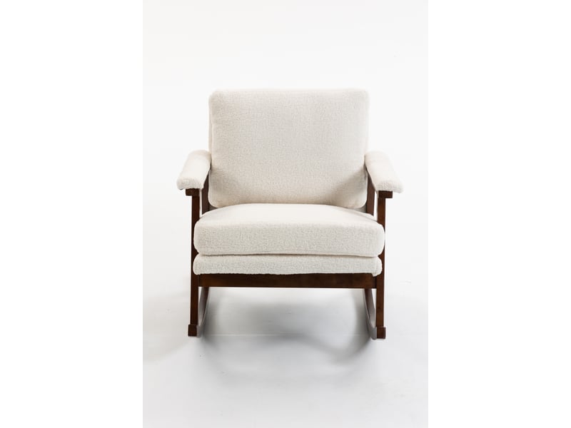  Fauteuil à bascule mid-century moderne 83x73x80cm – rocking chair avec piétement en bois, assise rembourrée pour salon, chambre et véranda – blanc  - Conforama A