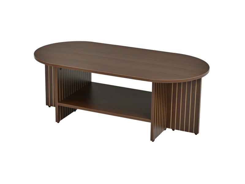  Table basse ovale 100x49x35 cm – noyer foncé – étagère ouverte, design rainuré moderne  - Conforama D