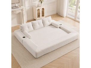 Canapé convertible 3 places en velours côtelé beige avec coffre et tiroir intégré pour salon