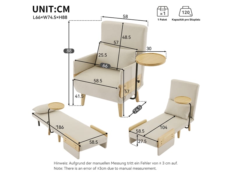  Fauteuil 74,5x66x88 cm, convertible, canapé simple, dossier réglable 6 positions, tablette, bois et métal, lin beige  - Conforama C