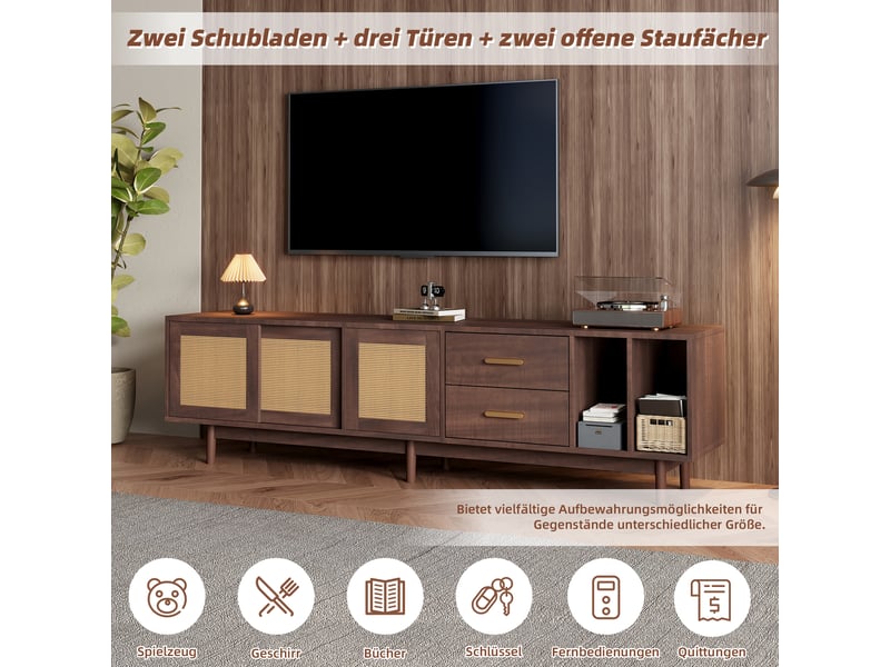  Meuble de rangement 190x40x52 cm, meuble de rangement de salon, armoire tv avec tiroirs en rotin marron avec 6 pieds de support  - Conforama R