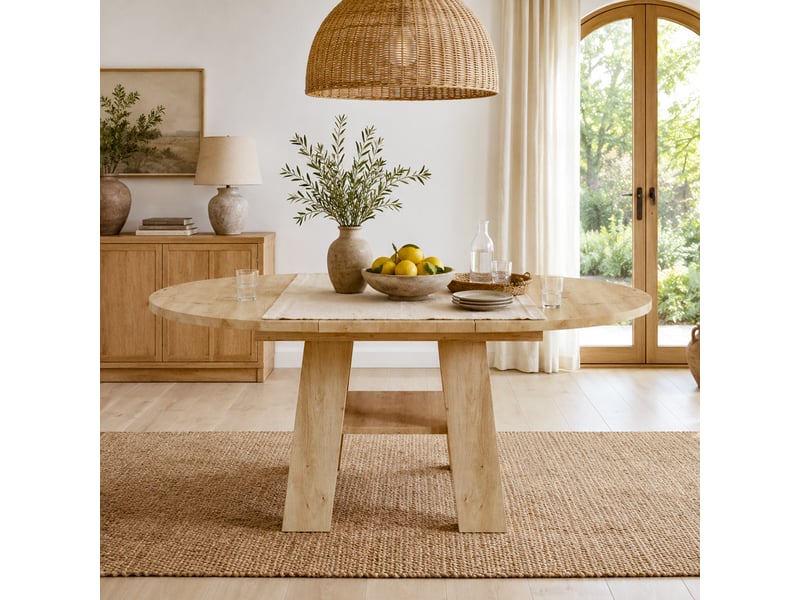 Table à manger ronde extensible 110-150 cm pour 4 à 6 personnes, rangement intégré pour rallonge et étagère, mdf chêne Morn Vibe - Conforama D