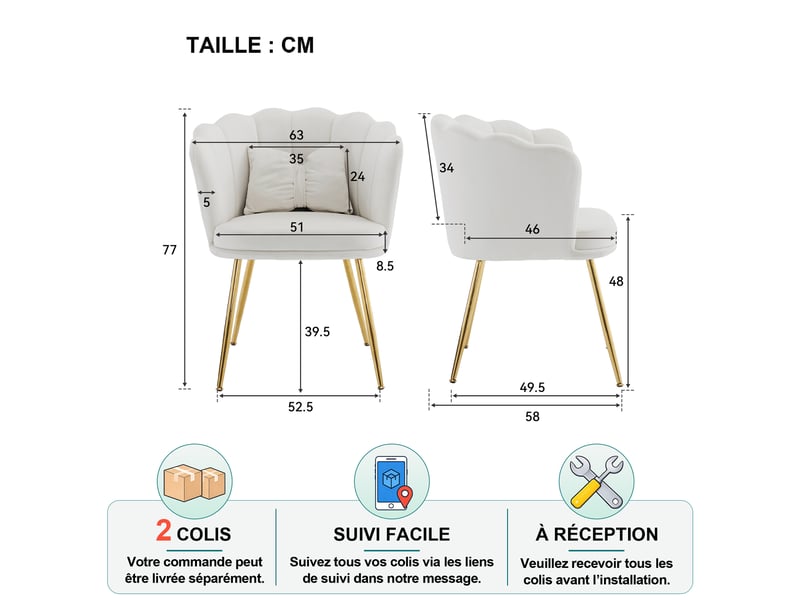  Fauteuil lot de 2 avec coussin papillon, dossier capitonné pétale et pieds métalliques dorés en velours beige  - Conforama D