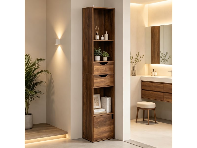 Bibliothèque haute étroite moderne, étagère de rangement salon et bureau avec présentoir - Conforama D