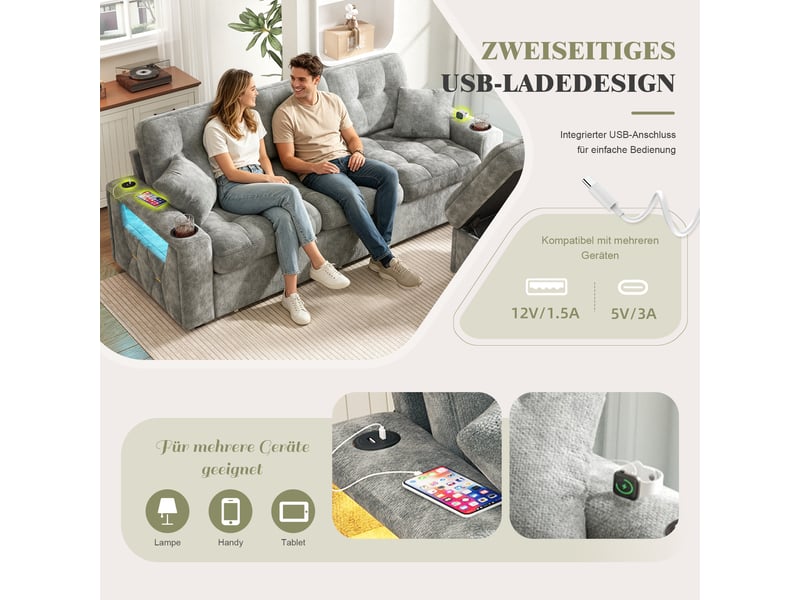  Canapé d'angle 3 places 194,5 x 133 x 83 cm, pouf coffre mobile, 2 tiroirs, ports usb-c, porte-gobelets, éclairage led, chenille, gris foncé Morn Vibe - Conforama E
