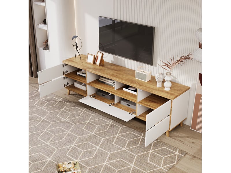  Meuble tv modenvie sur pieds 175 x 37 x 51 cm blanc brillant et bois  - Conforama B