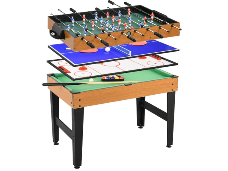  Table de jeu 4 en 1, ping-pong, baby-foot, billard, hockey, acier et bois naturel, noir  - Conforama A