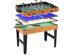 Table de jeu 4 en 1, ping-pong, baby-foot, billard, hockey, acier et bois naturel, noir
