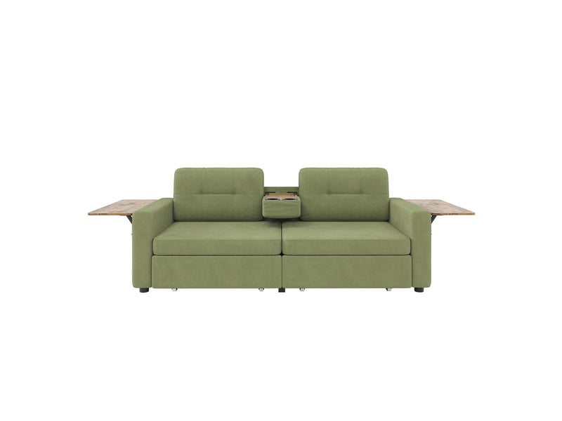  Canapé 2 places deux compartiments de rangement assise réglable tablette ordinateur portable rabattable porte-gobelets revêtement en tissu chenille verte  - Conforama E