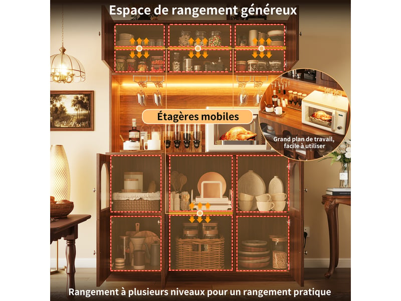  Armoire de cuisine 120x40x180cm, buffet vitrine avec étagères réglables et éclairage led à couleurs variables, marron foncé evarich - Conforama D