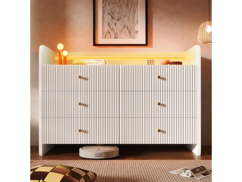  Commode blanche rainurée 120 cm, 6 tiroirs et led Fay Lum - Conforama E