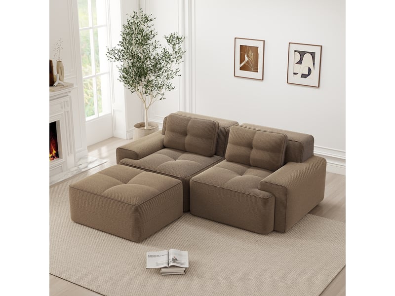 Canapé d'angle, canapé convertible – 2 places, assise profonde, marron, sans cadre, avec pouf, en velours tricoté - Conforama A