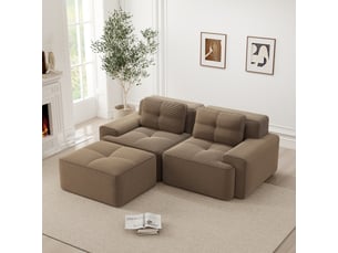 Canapé d'angle 2 places, avec fonction couchage, avec pouf, en velours côtelé, coloris marron, l204 x p177 x h69 cm, pour salon