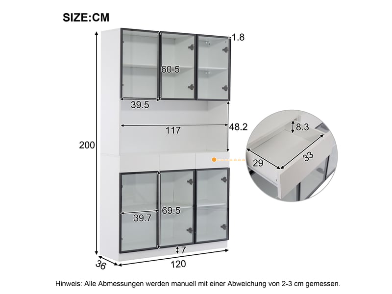  Vitrine 240x36x200 cm avec éclairage led, portes et tiroirs, blanc et cadre noir  - Conforama C